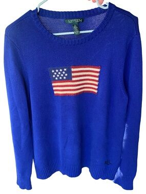 Vintage Lauren Ralph Lauren cobalt blue American flag cotton sweater size XL